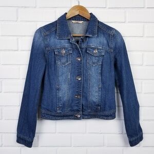 Womens Button Up Jean Jacket Sz M‎ Med Wash Biker Moto Long Sleeve Highway Jeans